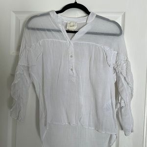 White Maeve Anthropologie blouse with ruffles on sleeves